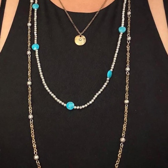 Jewelry - Multi-layered necklace with faux turquoise beads and silver pearls